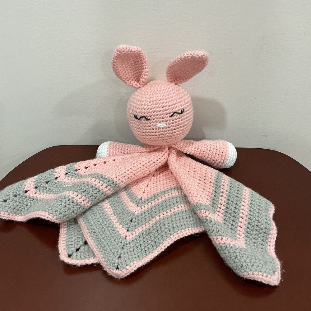 Handmade Bunny Rabbit Baby Crochet Security Lovey Blanket Pink Gray toy
